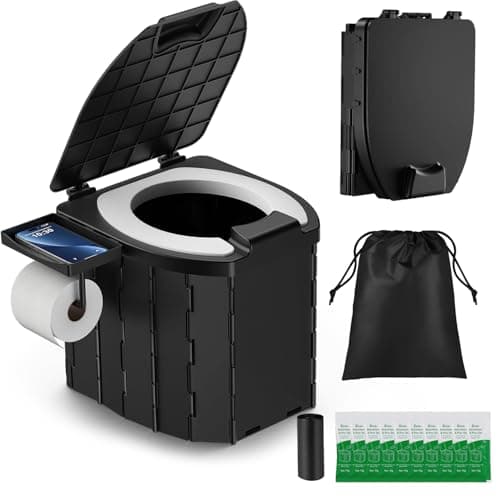 Synvion Portable Camping Toilet for Adults, Foldable Travel Toilet with PU Cushion Seat, 5L Capacity, Waste Bags & Carry Bag, Compact & Easy to Clean for Outdoor, Road Trips & Emergency Outdoor Use