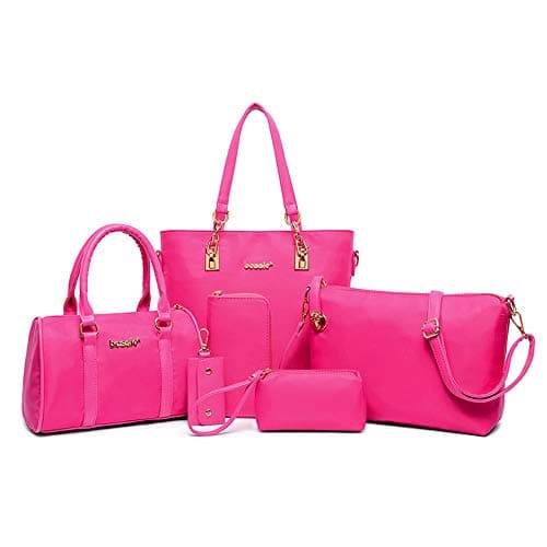 AlwaySky Nylon Women's Shoulder Bag 6 PCS Top-Handle Handbag Tote Purse Wallet Key Case Set (Pink)