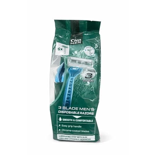 Cien Men 3-Blade Disposable Razors, 8 Count – Smooth & Comfortable with Lubricating Strip, Aloe & Vitamin E, Easy Grip Handle