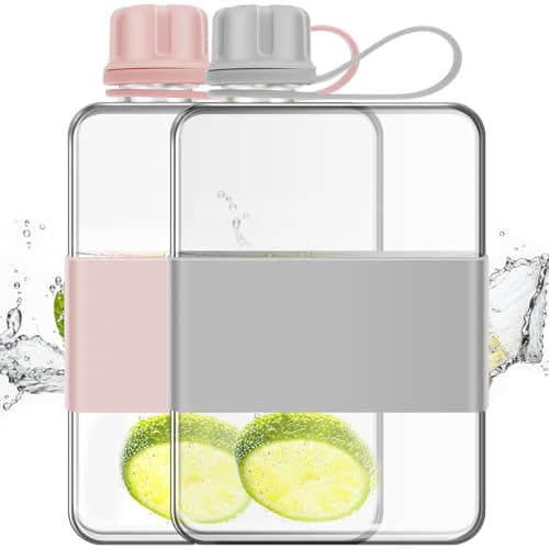 YUEKUNTJ 2Pcs 500ml Leak Proof Slim Water Bottle, Portable Flat Water Bottle Flask, Plastic Drinking Flask for Travel, with Handle for Outdoor Fitness Sport Cycling Work School(gray pink)