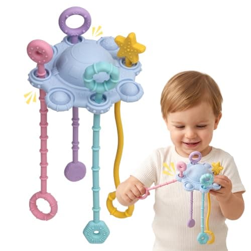 ETETOO Montessori Pull String Toy, Food Grade Silicone Early Development Toy, Fine Motor Skills Travel Toy, Sensory Gifts (Blue)