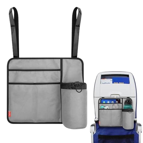 Airplane Seat Back Organizer & Storage, Airplane Tray Table Cover for Personal Items, Airline Seat Hanging Pockets Media Pouch,Reusable Travel Essentials,Fits Tablets,Cell Phone,Water Bottle (Grey)