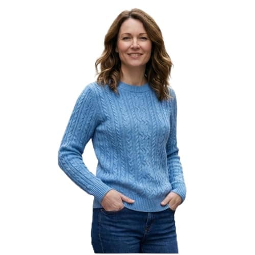 Women’s Cable Knit Jumper Long Sleeve Crew Neck – Soft Fisherman Ladies Sweater, Warm Winter Knit Pullover-Sky Blue L -XL