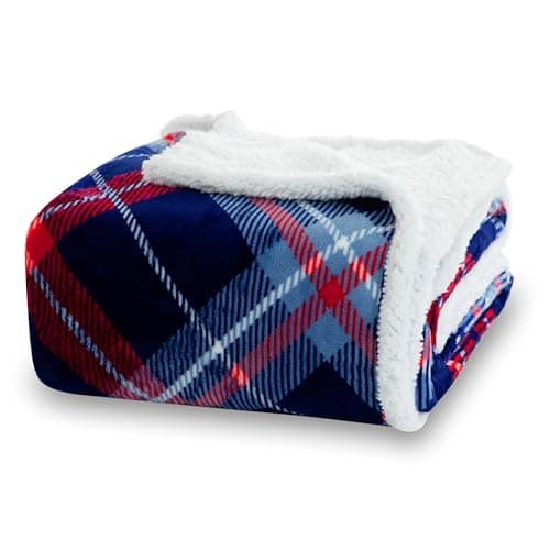 Winthome Double-Layered Sherpa Fleece Throw Blanket - Ultra Soft, Breathable & Warm Thick Blanket, Eco-Friendly Microfiber Blankets for Bed, Sofa Machine Washable Twin/Double Size Blue Check 150*200cm