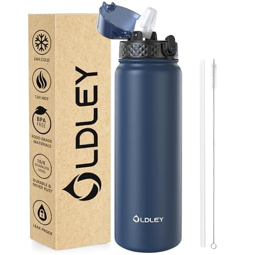 OLDLEY Stainless Steel Water Bottle with Straw 1L Vaccum Insulated Large Drink Flask Metal Water Bottles 1 Litre Leakproof Keep Drinks Hot Cold for Sports Bike Gym Adult Women Men(Navy Blue, 1 Lid)