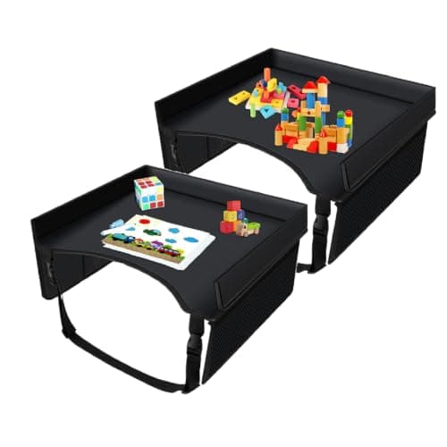 2 Pcs Foldable Travel Tray For Kids In Car With Pockets & Adjustable Straps