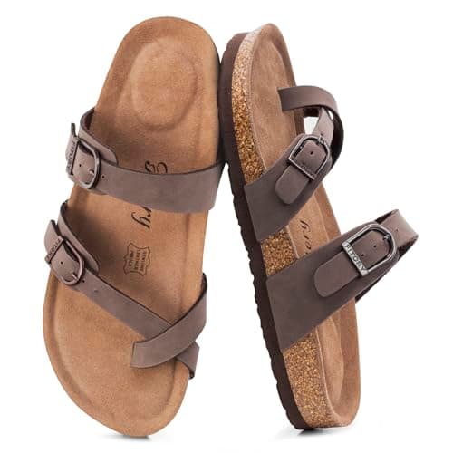 FITORY Women's Leather Sandals Comfort Cork Footbed Brownish Yellow Size 7
