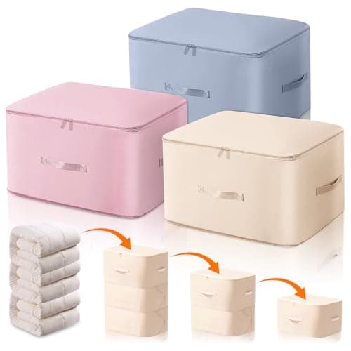 3 Pcs Large Space Saving Self Compression Storage Bag, Duvet Storage Bag, Storage Bags with Handles & 3-layer zipper, Large Capacity Clothes Boxes for Bedding, Clothes, Duvets, Pillows (L 52x42x60cm)