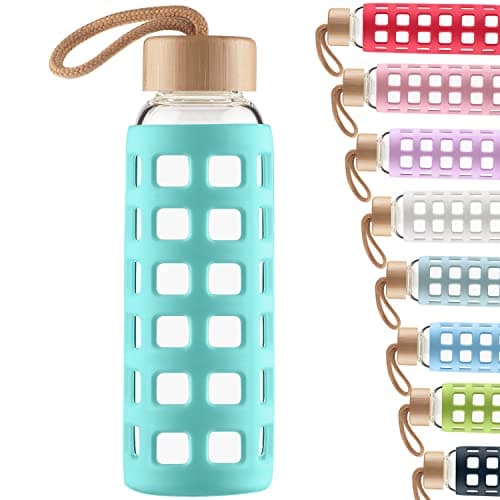 Cleesmil Sports Glass Water Bottle with Silicone Sleeve with Bamboo Lid BPA Free 660 ml (Aqua Blue)
