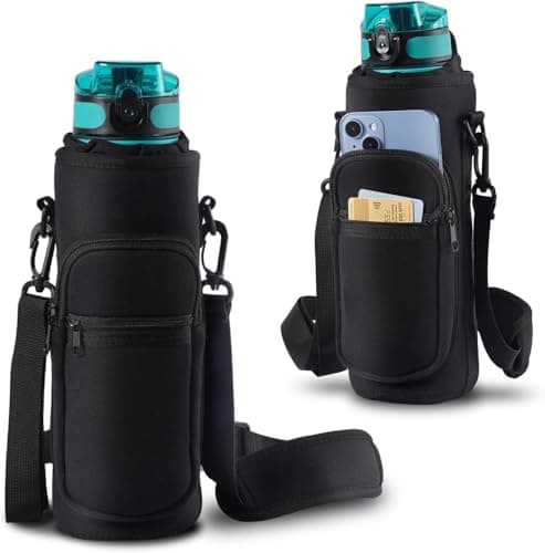 YEENAIV 40oz Water Bottle Carrier Bag, Sport Water Bottle Carrier Sling Bag with Adjustable Strap, Water Cup Holder with 2 Pockets for Walking Hiking Camping-Black