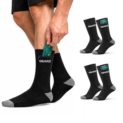 GEARZ - 2-Pack Men's Socks with Zipped Pockets, Black Cotton size 43-46