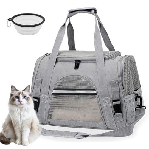 Cat Carrier - Portable Soft Sided Pets Dog Travel Carriers with Water Bowl, Portable Foldable Cat Bag with Cozy Mat & Shoulder Strap Multi-Entrance Mesh Window for Small-Medium Cats Dogs Puppies, Grey