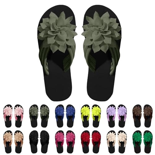 Flower Flip Flops Women Beach Slippers Size 7.5 Boho Open Toe Slip on Flat Sandals Summer Comfortable Yoga Mat Thong Sandals for Pool, Travel Vacation Slippers Flower Army Green Footwear Gift