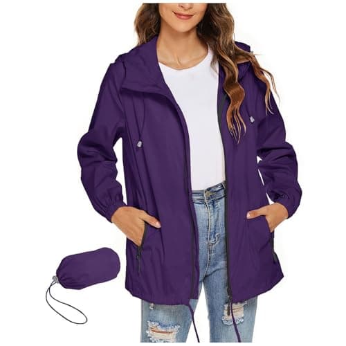 Waterproof Jacket Womens Packaway Rain Coat with Zip Pocket Outdoor Lightweight Softshell Sport Jacket Windproof Windbreak Hiking Jackets Casual Hooded Raincoats Rainproof Coats