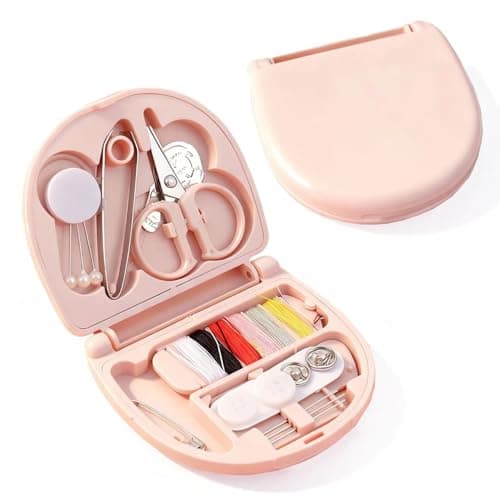 1 Pack Travel Sewing Kit, Portable Mini Sewing Kit with Needles, Threads, Scissors & Repair Tools, Compact Emergency Sewing Set in Pink Case for Home and Travel Use