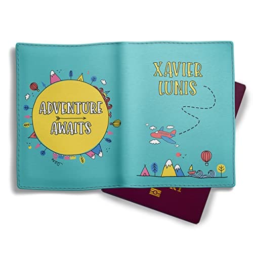 NOT JUST A PRINT Kids Passport Cover Personalised with Any Name | UK Passport Holder | Toddler Child's 1st Passport Adventure Awaits Wallet (Teal/Yellow)
