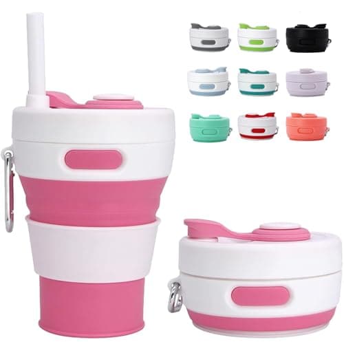 MOMAHUA 450ml/15oz Collapsible Coffee Cup with Lids,Pink Silicone Portable Water Cups,Reusable Coffee Mug,Foldable Camping Travel Cup Fits in Your Pocket,Folding Mug Collapses to 6cm