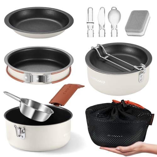 Odoland 10 pcs Camping Cookware Set, Non-Stick Lightweight Cooking Set with Plates Bowls Forks Knives and Spoons - Perfect for Backpacking, Camping, Hiking and Picnicking Milk White