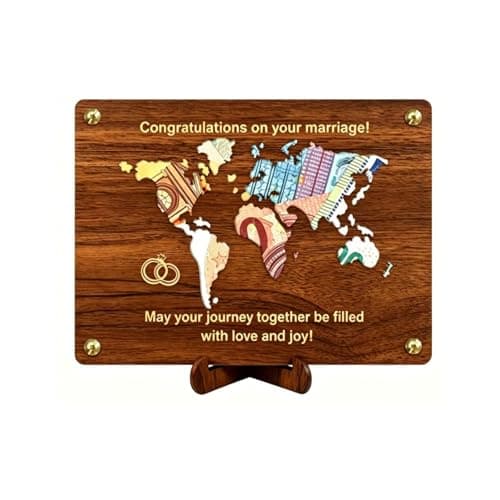 PUQGAOIP Wedding Gifts Creative Wooden Plaque With Holder World Map Design Elegant Marriage Celebration Present And Travel Honeymoon Fund Idea Unique Wedding Money Gift Wallet