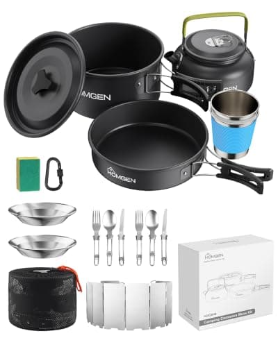HOMGEN Camping Cooking Set with 1 Windshield & 2 Plates Cups Cutlery