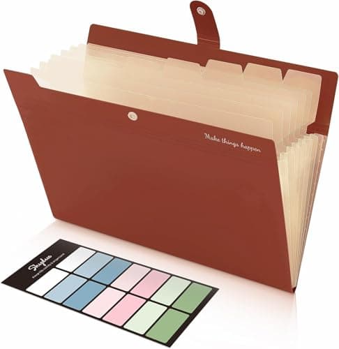 SKYDUE Document Folder A4, 8-Compartment Organiser with Labels, Practical Expanding Folder, Organiser Folder, File Folder, Robust Document Folder for Office, School and Travel (Brown)