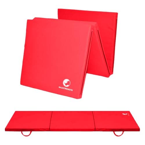 MAXSTRENGTH Tri Folding Exercise Mat – Extra Thick Non-Slip Foam Mat for Gymnastics, Yoga, Home Gym, Pet Wellbeing & Children’s Nurseries – Portable with Carry Handle (Red)