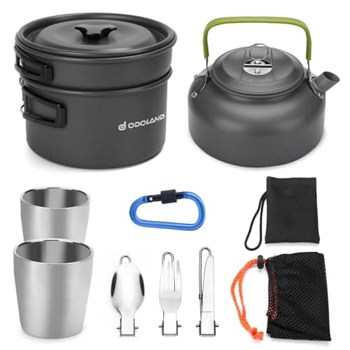 Odoland Camping Cookware Mess Kit for 2 People, Lightweight Outdoor Pot Pan Kettle with 2 Cups, Fork Spoon Cookware Kit Backpacking Picnic Gear for Trekking and Hiking