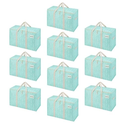 VENO 10 Pack Extra Large Moving Storage Bags with Zips, Heavy-Duty Organizer Tote, Moving Box Alternative, Clothes Storage Bin, Tag Pocket Water-Resistant (Evergreen, 10 Pack)