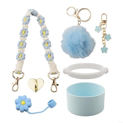 Silicone Cup Chain Accessories 7PCS for 30oz and 40oz Hydration Bottles with Hand Strap and Wool Ball Pendant for Secure Handling (blue)