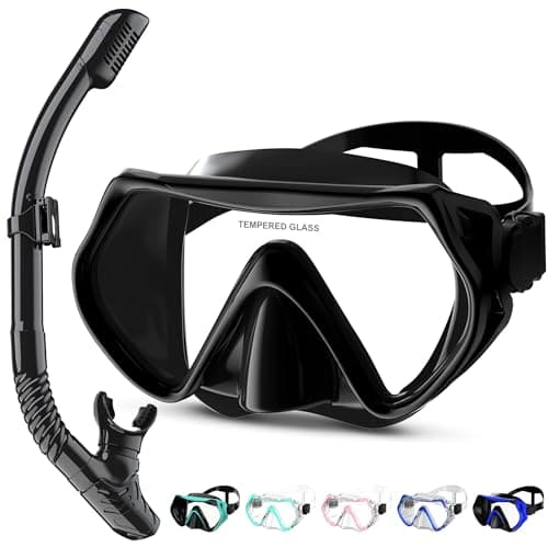 MELUMILU Snorkel Set, Snorkel Mask 180° Panoramic Wide View, Anti-Fog Scuba Diving Gear, Professional Swim Goggles for Free Breathing, Swim, Diving, (Black)