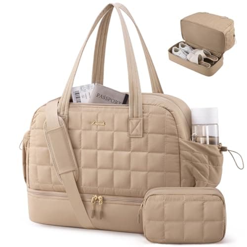 LOVEVOOK Travel Bags for Women, Lightweight Puffer Weekend Maternity Hospital Overnight Holdall Duffel Bags, Gym Bag with Shoe Compartment & Wet Pocket, Carry On Hand Luggage for Flight Sports, Khaki