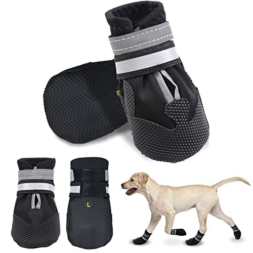Dricar Dog Shoes, Set of 4 Dog Boots for Injured Paws, Waterproof Anti Slip Dogs Shoes for Walking, Paw Protectors with Reflective Straps for Small Medium Large Dogs (Black, L)