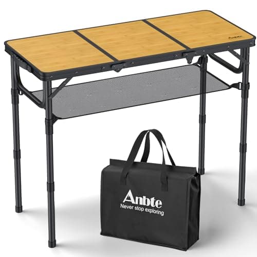 Anbte 3ft Camping Table Foldable with Storage Net and Bag, 3 Adjustable Heights High 27.5" Aluminum Camping Table, Portable, for Outdoor Indoor Backyard Bbq Cooking Party Picnic Beach, Yellow