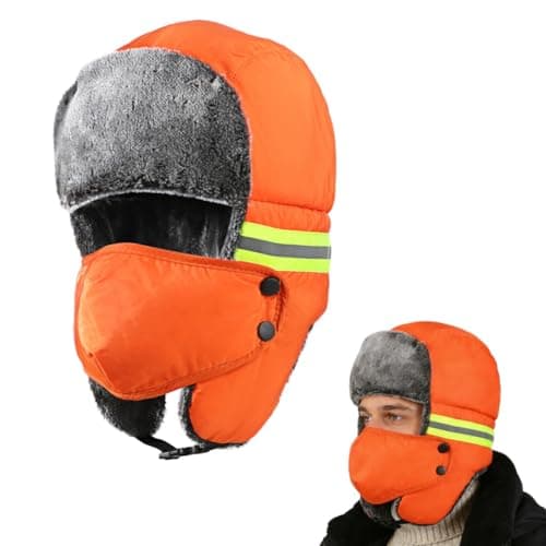 SIQITECHUK Unisex Reflective Trapper Hat with Detachable Mask Windproof Winter Warm Hat Thermal Faux Fur Trooper Hat for Skiing Hiking Cycling Camping (UK, Alpha, One Size, Orange)