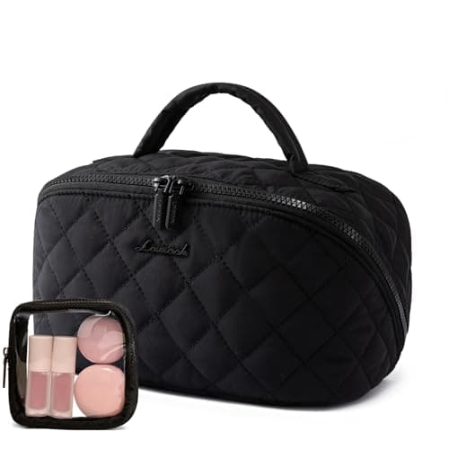 LOVEVOOK Travel Makeup Bag, Flat Lay Make Up Pouch Womens, Large 2Pcs Set Cosmetic Organiser with Compartments, Waterproof Puffer Toiletry Bag with Handle & Divider, Black
