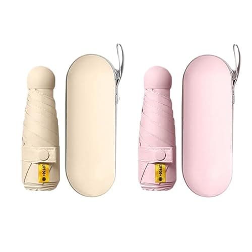 Cosiesnest 2 Pack Mini Folding Umbrellas with Capsule Cases, 6 Ribs Lightweight Compact Travel Umbrella for Handbag, Windproof UV Protection UPF 50+ Sun & Rain Umbrella for Women Men (Pink & White)