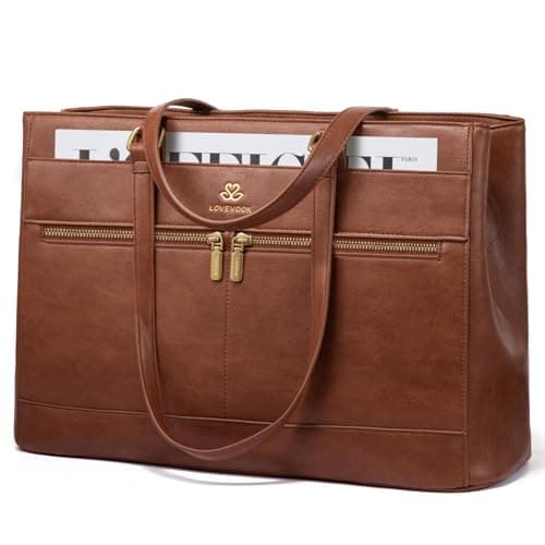 LOVEVOOK Laptop Handbags for Women, 17.3 Inch Large Tote Bag Ladies Work Bags with Compartments, Vintage-Style Leather Laptop Bags Womens Handbag Shoulder Bag for School Office Business, Brown