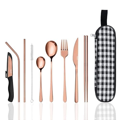 hecef Cutlery Set, 10 Pieces Travel Camping Cutlery Reusable Stainless Steel Cutlery and Organiser - Cutlery Set with Fork, Spoon, Knife etc. (Rose Gold)