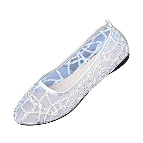 Mesh Ballet Flats for Women Pumps Orthopedic Sequins Dolly Shoes Wide Fit Round-Toe Non-Slip Breathable Summer Ladies Shoes Walking Office Holiday (Silver 5 UK/Foot Length 24cm)