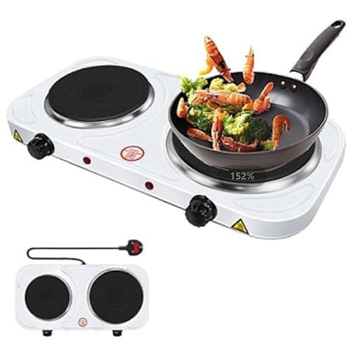 Electric Hot Plate 2 Ring Hobs with Cast Iron Heating Plates and Variable Heat Settings Control 1000W & 1500W Hobs, Overheat Protection Ideal for Cooking for Home/Travel/Camping and Caravans White