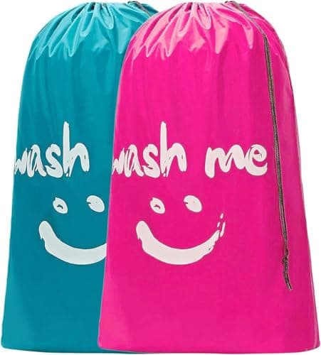 CJWLKJ 2-Pack XL Travel Laundry Bags, Machine Washable Dirty Clothes Organizer, Large Enough to Hold 4 Loads of Laundry, Easy Fit a Laundry Hamper or Basket (Pink+Blue, 24" x 36")
