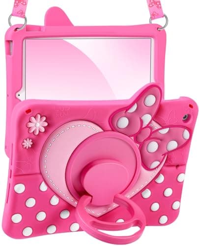 Kokaade Kids Case for iPad 9th/8th/7th Generation 10.2 Inch 2021/2020/2019 - Cute Girly Cartoon Soft 3D Bow Heart Dot Silicone Case with Strap & Rotating Stand Tablet Cover for Girls Teens