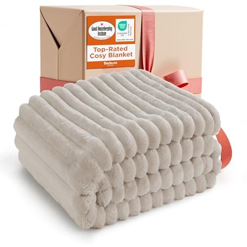Bedsure Fleece Throw Blanket for Bed - Fluffy Throw, Beige, 130x170 cm