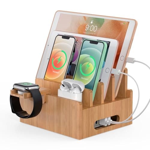 Bamboo Charging Station Desk Organizer, 4 Slot Device Organizer-Natural