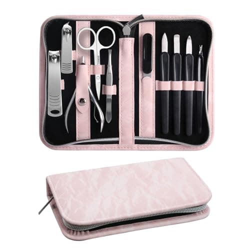 Manicure Set 10pcs Professional Nail Clippers Kit Pedicure Care Tools-Stainless Steel Grooming Tools for Travel-Pink