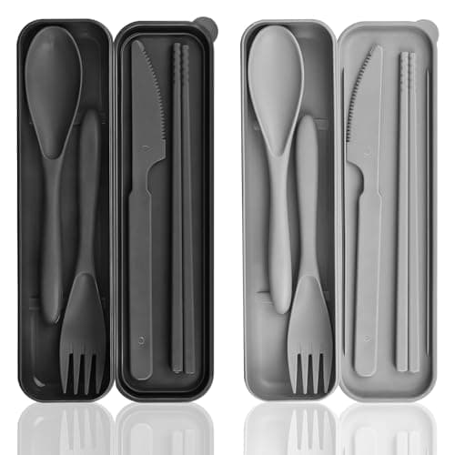DIYJEP 2Pcs Plastic Reusable Cutlery Set Case, Portable (Black/Grey)
