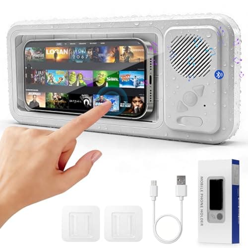 MRLTOP Waterproof Shower Phone Holder with Bluetooth Speaker IPX5 Bathroom Phone Mount 360 Rotatable Suction Cup Wall Mount Universal Compatibility