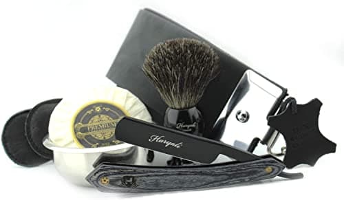 Haryali London, 5-Pcs Wet Shaving Kit | Cut Throat Razor, Black Badger Hair Shaving Brush, Leather Strop, Shaving Soap, Shaving Bowl | Classic Shaving Kit for Men | Traditional Wet Shave Set