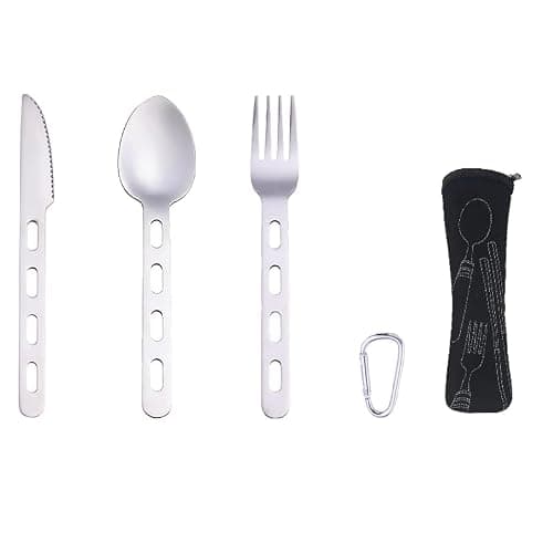 3 PCS Camping Cutlery Set with Portable Pouch, Portable Cutlery Set, Stainless Steel Knife, Fork, Spoon, and Carabiner for Outdoor Travel, Hiking, Picnics, and Everyday Use, Durable, and Easy to Clean