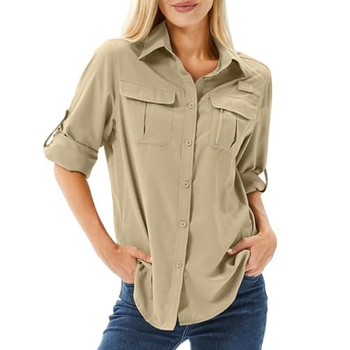 Winebox Women's UPF 50 Shirts Long Sleeve Sun Protection UV Quick Dry Casual Outdoor Safari Walking Fishing Hiking Travel Shirts(Khaki-l)